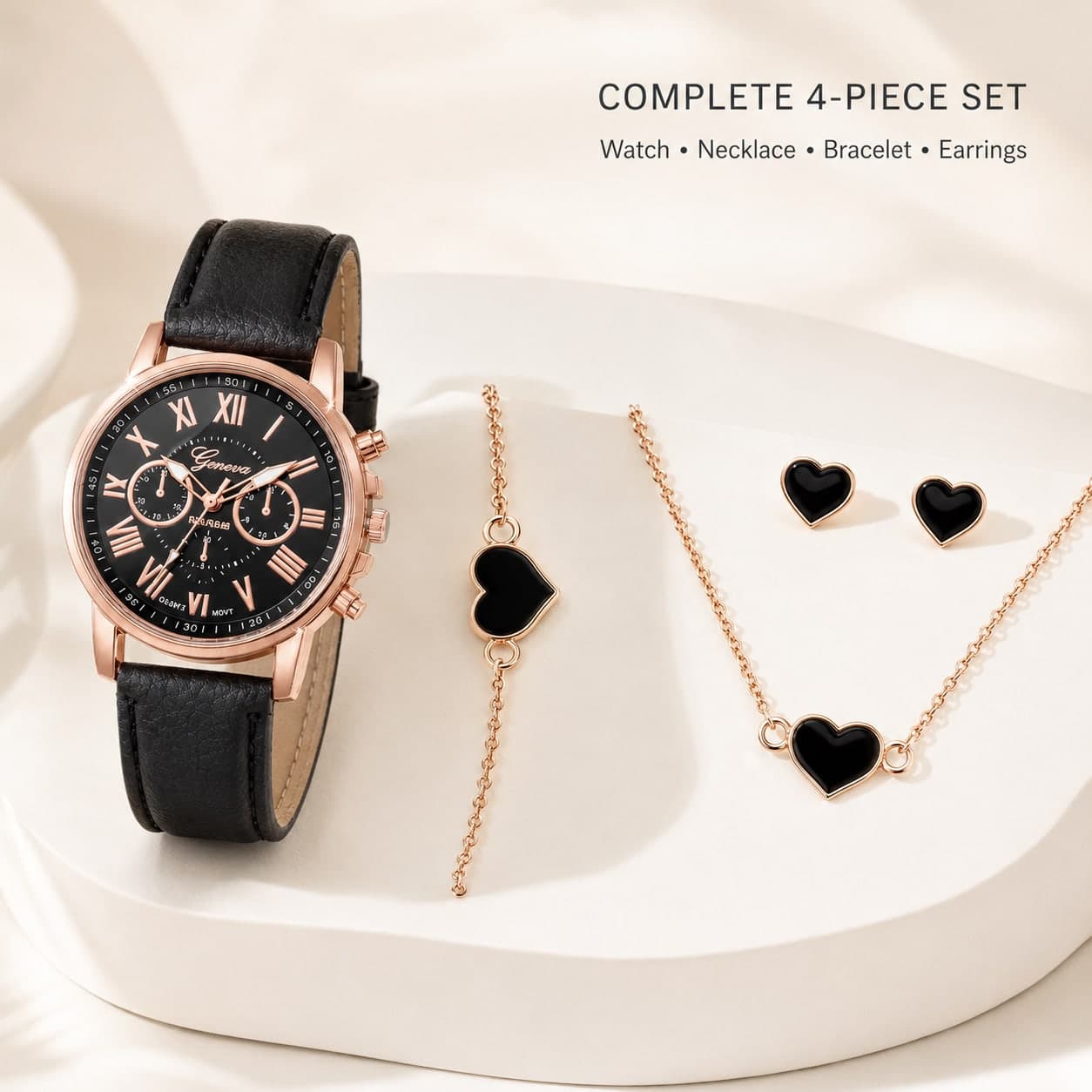 Women’s Black Watch & Jewellery Gift Set – 4 Pieces